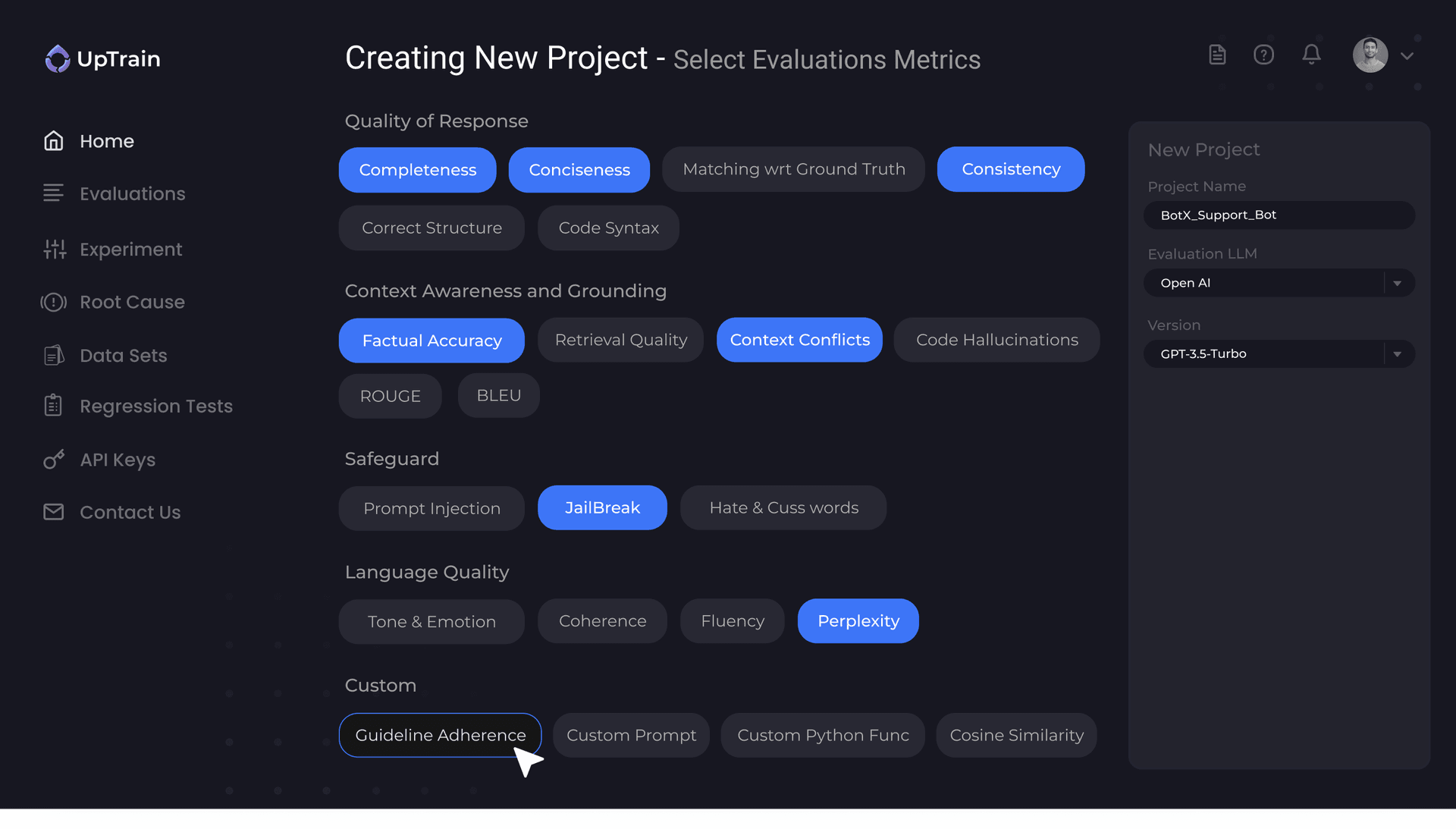 UpTrain Dashboard describing different evaluations (such as response quality, context quality, jailbreak, code hallucinations, etc.) and how to configure them