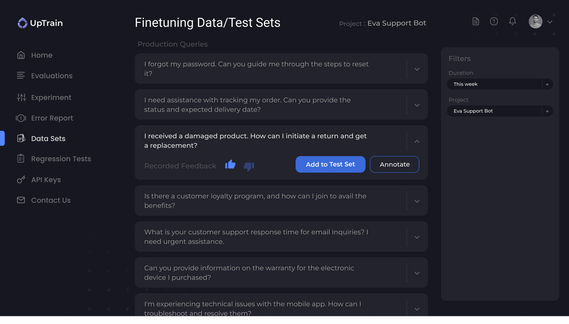 Uptrain dashboard to manage datasets. Users have access to all the production logs along with user feedback. They can add them to the dataset or send the data-point for human annotation.