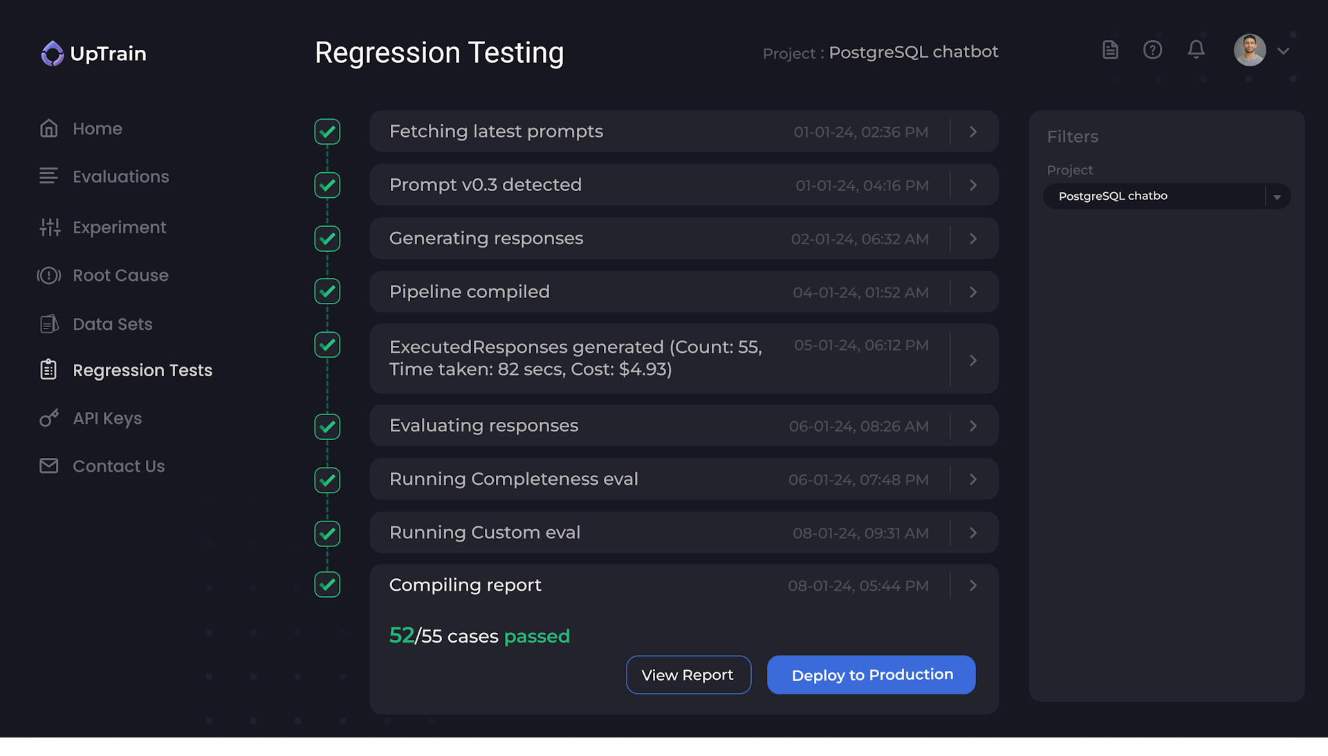 UpTrain Dashboard for regression testing where any prompt or code change automatically triggers generation of LLM responses and evaluations.