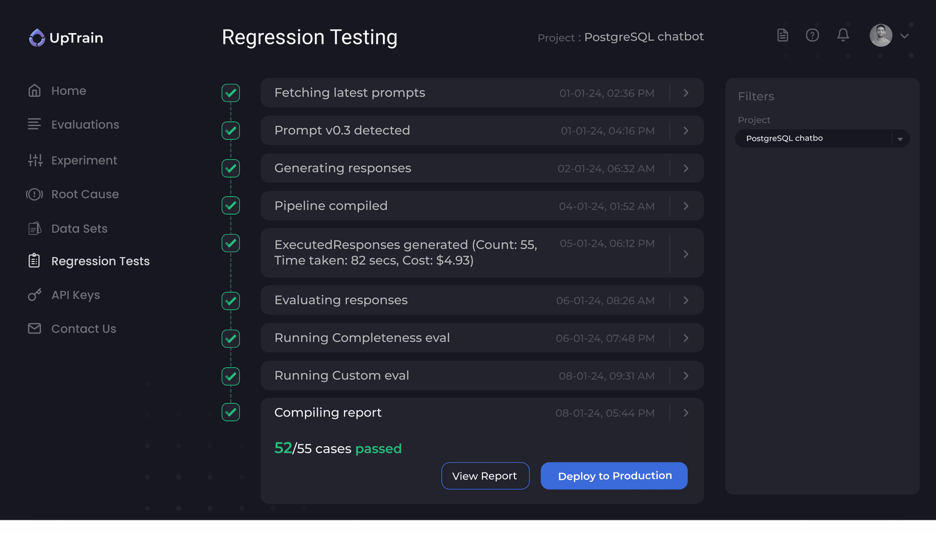 UpTrain Dashboard for regression testing where any prompt or code change automatically triggers generation of LLM responses and evaluations.